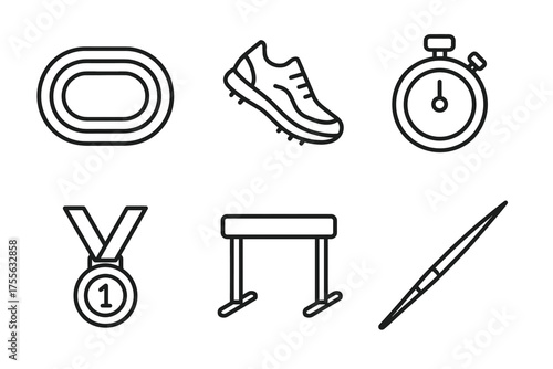 Track and field icons: track, shoe, stopwatch, medal, hurdles, baton