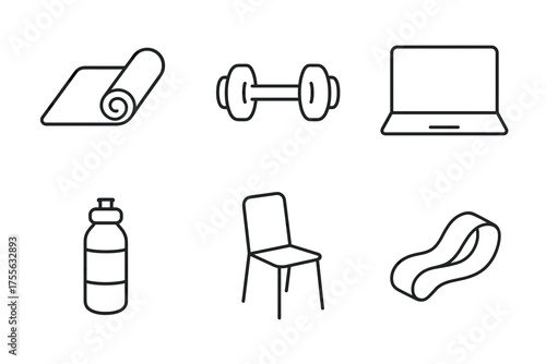 Minimalist icons: yoga mat, dumbbell, laptop, water bottle, chair, seatbelt