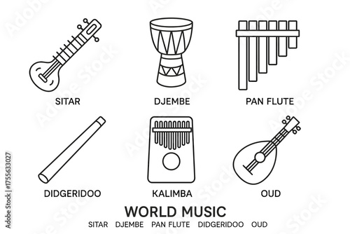 World music instruments collection: sitar, djembe, pan flute, didgeridoo, kalimba, oud