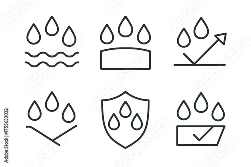 Assorted waterproof icons: protection, repellent, resistant, sealant, safety designs
