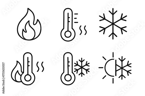 Weather icons set with fire, thermometer, snowflake, and sun symbols