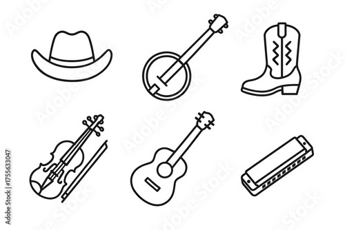 Line art of musical instruments and cowboy accessories