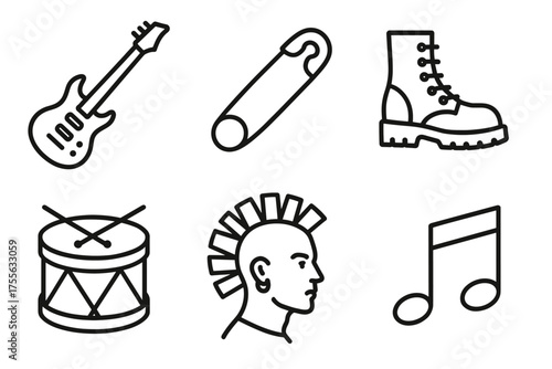 Punk rock symbols: guitar, safety pin, boot, drum, mohawk, music note