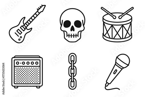Outline icons of electric guitar, skull, drum, amplifier, chain, and microphone