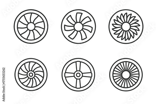 Set of monochrome propeller and turbine icons in circular frames