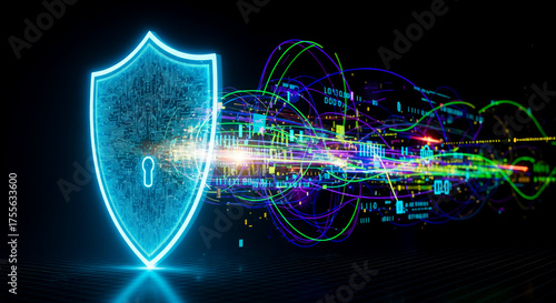Cyber Security Shield Digital Data Protection Concept. Global Network Internet Safety Abstract Background. Secure Information Transfer Virtual Lock Technology. Online Privacy Communication.