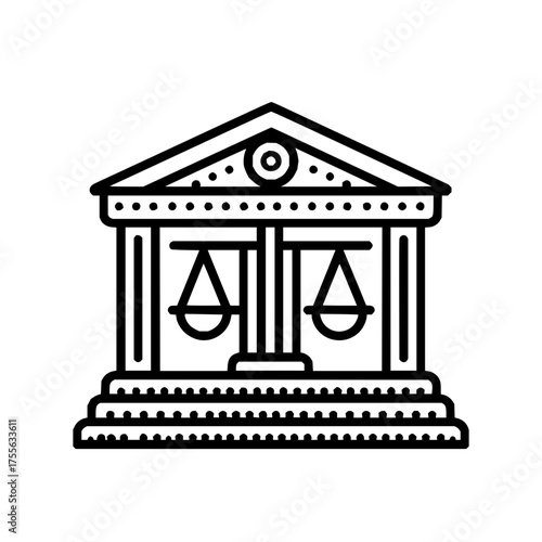 Illustration of a courthouse building with scales of justice in the center in black and white line art