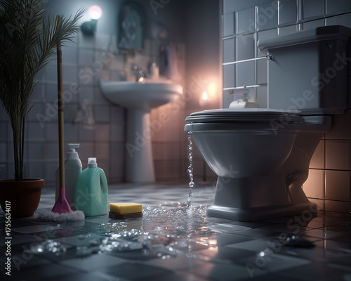 Overflowing toilet with cleaning supplies in small tiled bathroom