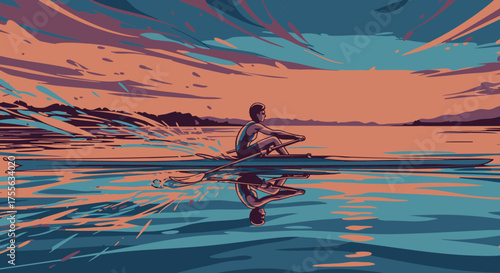 A lone rower glides across a calm lake at sunset, their reflection mirrored in the shimmering water under a vibrant sky