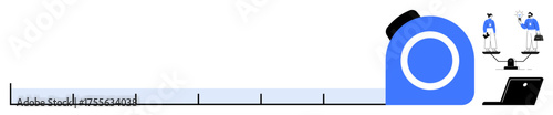 Measuring tape extending, individuals managing balance on scales, laptop displaying workflows. Ideal for productivity, time management, technology efficiency, teamwork, balance, workplace tools