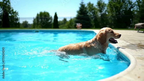 Happy dog swims in blue swimming pool on a sunny day
