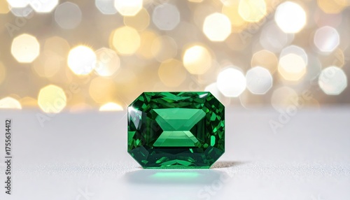 Emerald cut gemstone, radiant green, on white, bokeh lights