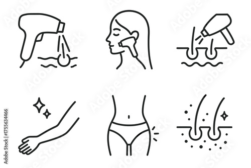 Hair removal icon set depicting devices and body care illustrations