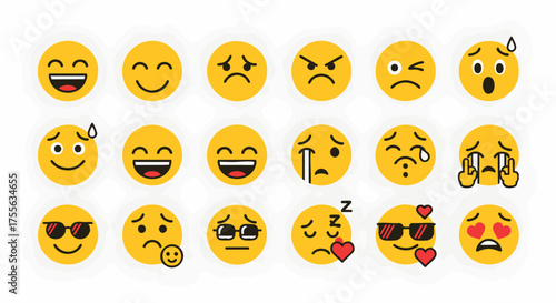 Collection of cartoon-style emojis expressing various emotions and reactions, presented in a grid layout