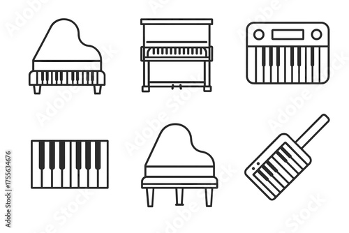 Minimalist piano icon set featuring grand and upright designs