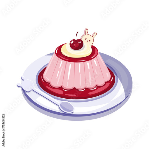 A pink jelly dessert topped with a small bunny and cream swirl, perfect for bakery ads, food blogs, or kawaii packaging.