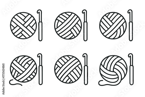 Set of six yarn balls and crochet hooks - minimalist line art for crafting enthusiasts