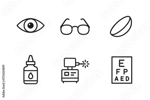 Eye care icons: glasses, contacts, drops, equipment, eye chart