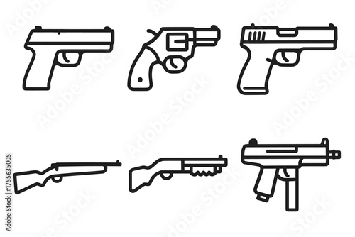 Collection of black and white firearm icons featuring pistols, revolver, shotguns, and submachine gun