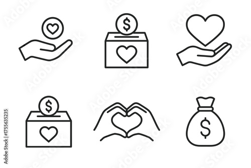 Icons representing charity and donation with heart and money symbols