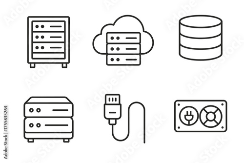 Set of data storage and server icons including cloud, disk, and cable