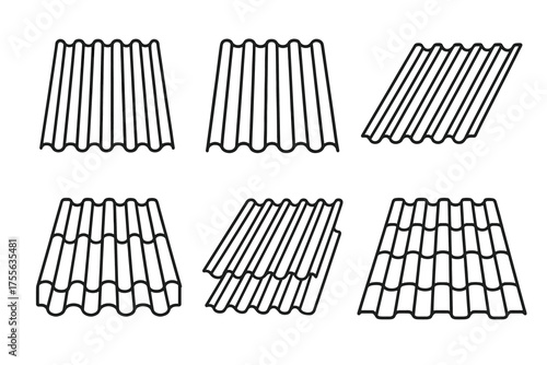 Variety of corrugated metal roofing panels with different patterns and designs
