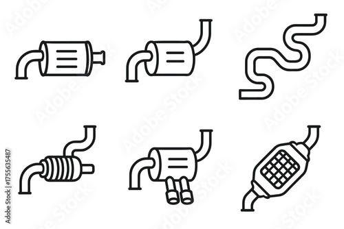 Collection of car exhaust system icons in black line style