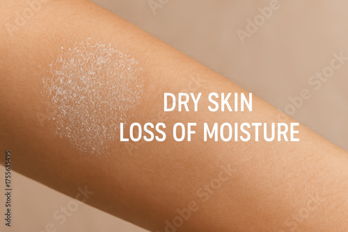 Close up of dry skin patch on an arm showing flaky texture and irritation. dermatology concept about loss of moisture, dehydrated skin, and conditions like eczema