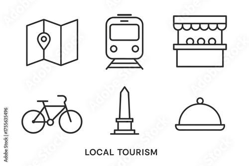 Local tourism icons: map, train, market stall, bicycle, monument, food cover in line art style