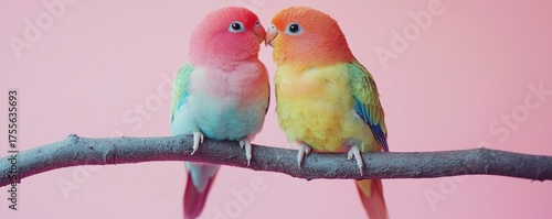 Two adorable rainbow lovebirds snuggling on a branch against a pastel pink background
