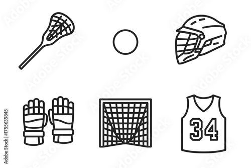 Lacrosse equipment icons: stick, ball, helmet, gloves, net, jersey