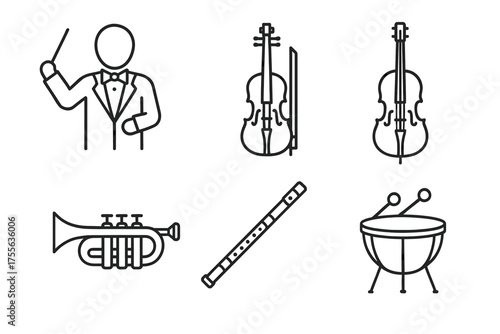 Outline icons of orchestra conductor and musical instruments