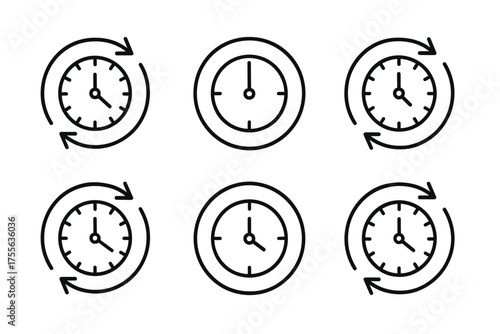 Clock icon set illustrating various time indications and arrows