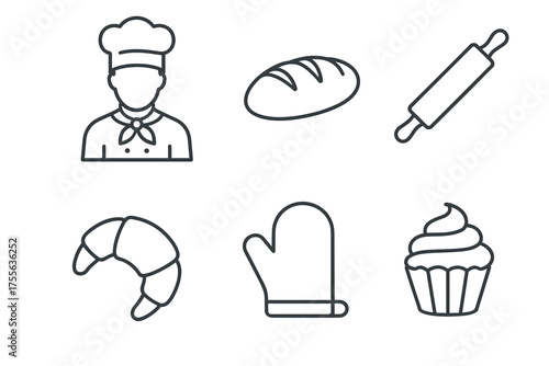 Baking icon set: chef, bread, rolling pin, croissant, oven mitt, cupcake