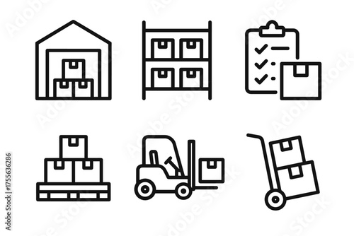Warehouse storage and logistics icons featuring forklift and checklist