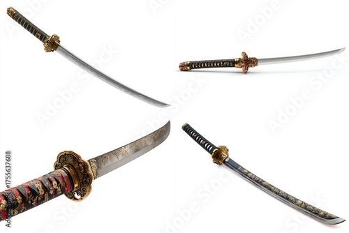 Four different viewpoints showcase a traditional Katana sword. Each sword with different angle