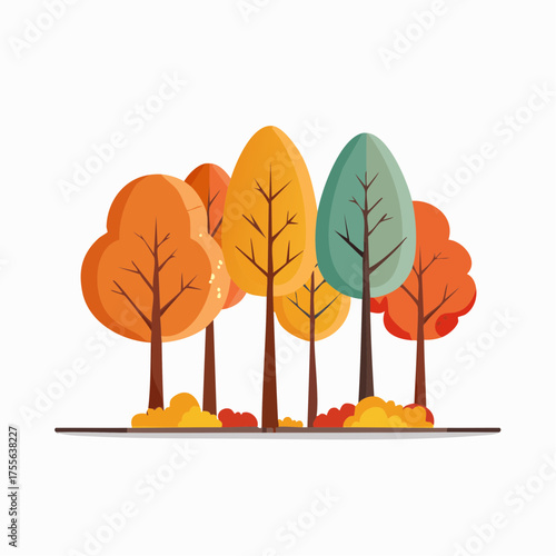 Illustrated autumnal trees in vibrant colors against white background