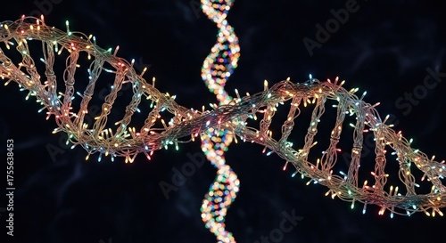 DNA helix models lit with festive string lights against dark blurry background