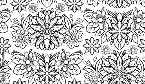 Vector seamless pattern with contour decorative flowers and leaves on white background. Elegant tracery outline texture.