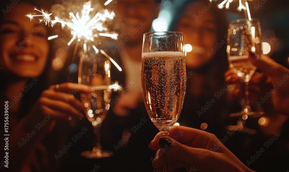 Obraz premium Festive celebration with close-up of champagne glasses and sparklers creating a dazzlingly vibrant ambience