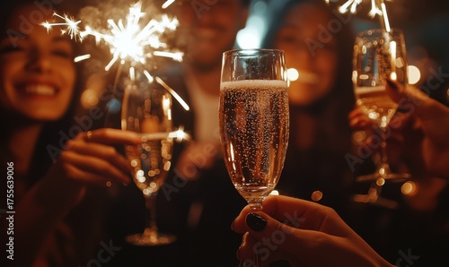 Festive celebration with close-up of champagne glasses and sparklers creating a dazzlingly vibrant ambience