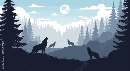Silhouetted Wolves Howling Under a Full Moon in a Forest Landscape.