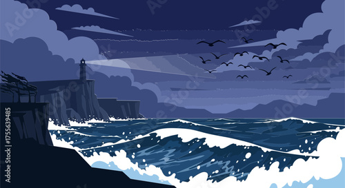 Stylized Coastal Scene with Lighthouse Birds Cliffs and Crashing Waves at Night.
