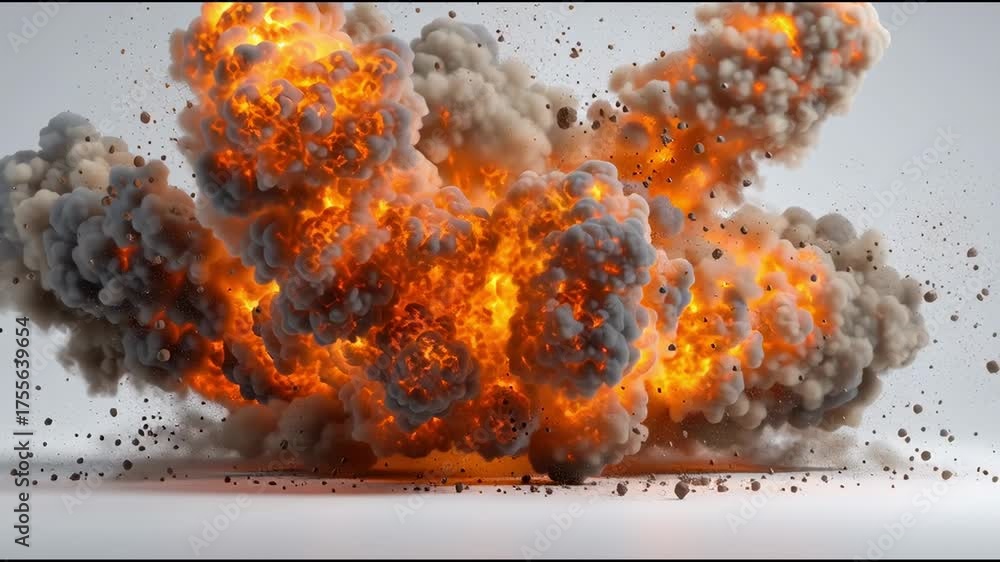 Massive explosion with fiery orange flames and thick dark smoke billowing outward in mid-air against a neutral background