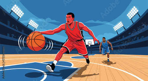 Basketball Player Dribbling Ball on Court in Intense Game.