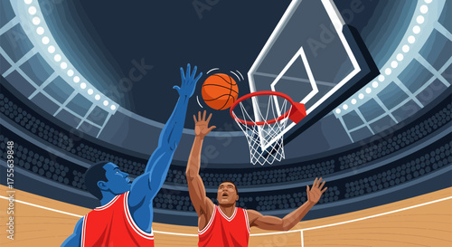 Basketball Players Competing for a Rebound in a Stadium.