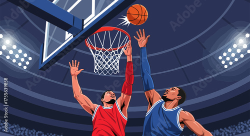 Basketball Players Competing for Ball Near Hoop in Stadium.