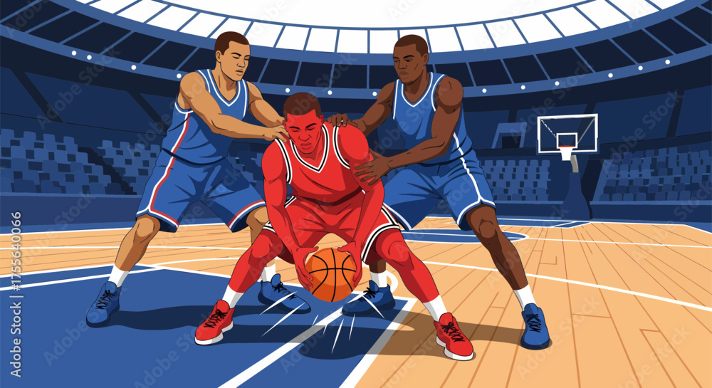 Fototapeta premium Basketball Player Dribbling Surrounded by Defenders in Intense Game.