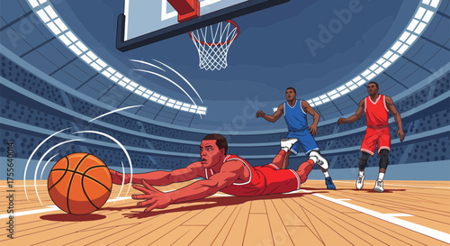 Basketball Player Diving for Ball in Arena Illustration.