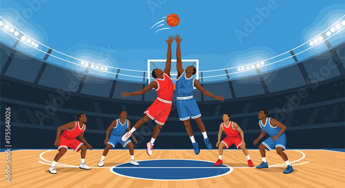 Basketball Game Jump Ball Illustration with Players in Action.